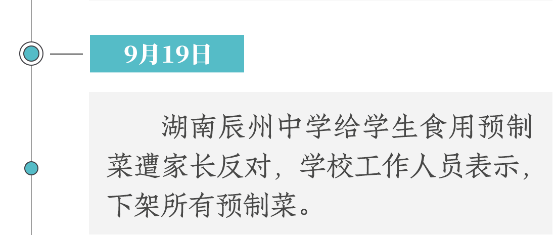 9月19日，湖南辰州中學(xué)使用預(yù)制菜遭家長反對，學(xué)校工作人員表示下架所有預(yù)制菜。