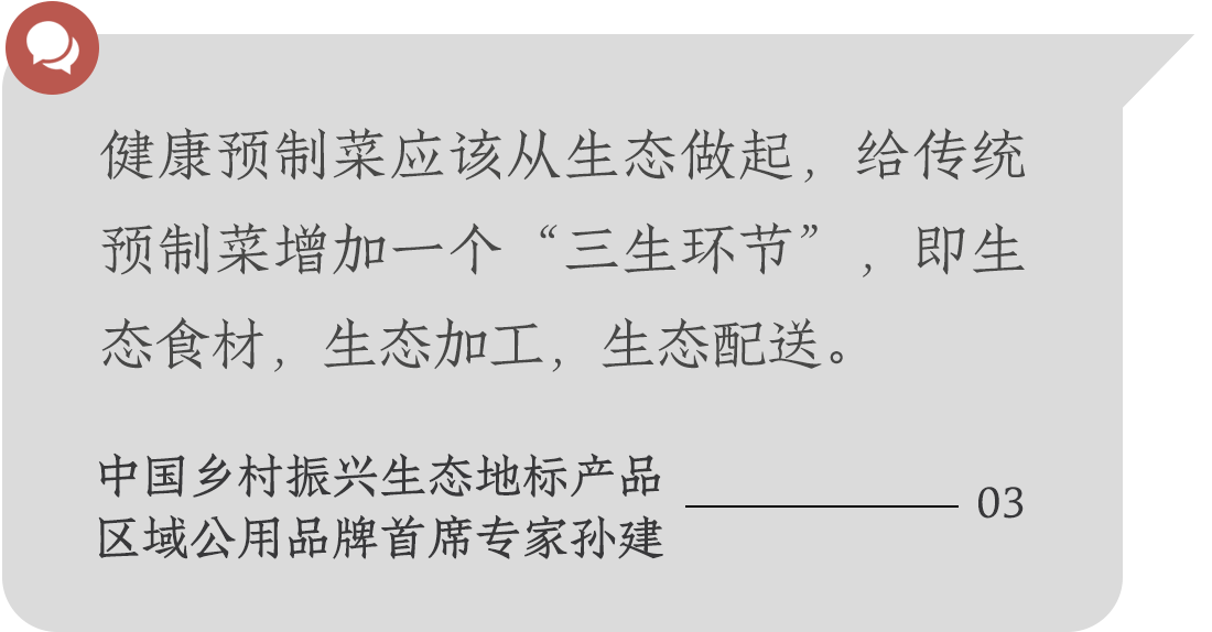 健康預(yù)制菜應(yīng)該從生態(tài)做起，給傳統(tǒng)預(yù)制菜增加一個(gè)“三生環(huán)節(jié)”，即生態(tài)食材，生態(tài)加工，生態(tài)配送。中國鄉(xiāng)村振興生態(tài)地標(biāo)產(chǎn)品
區(qū)域公用品牌首席專家孫建